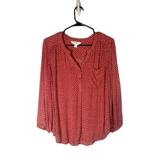 Market & Spruce Red White Polka Dot Long Sleeve Button Down Shirt Women Sz L - Picture 1 of 11